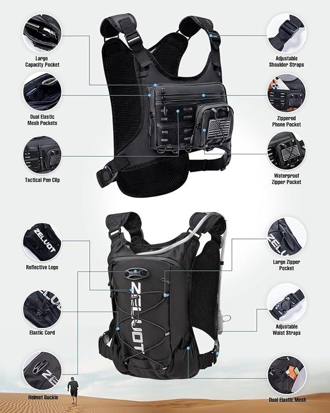 Zelvot Running Vest with 2L Water Bladder, Hydration Backpack, U.S. Design Patent, Lightweight Hydration Pack with Gear Holder, Reflective Chest Pack for Men Women for Marathon