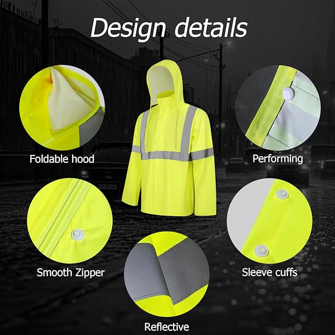 Hi Vis Rain Jacket Rain Suits for Men, High Visibility Waterproof Rain Coat with Hood, Class 3 Lightweight High Vis Rain Gear for Outdoor Activities& Safety Work, Men Women, Yellow T, L-XL
