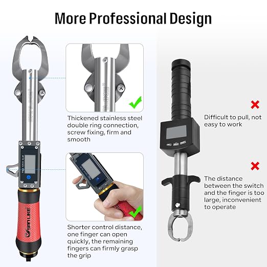 SANLIKE 55LB Digital Fish Gripper Stainless Steel Waterproof Fishing Scale | One-button control, sealed waterproof structure, dual unit switch, no fish injury design for saltwater freshwater angling