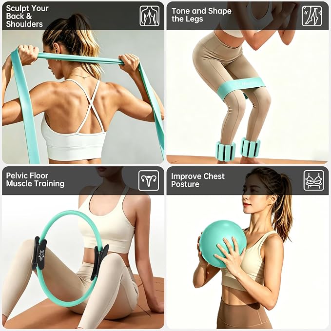 Pilates Equipment Kit for Home Workout, Pilates Ring and Ball Set for Women, 14'' Magic Circle Essentials Accessories Kit, Wrist Weights, Resistance Bands, Yoga Strap, Socks, Bag Light Green