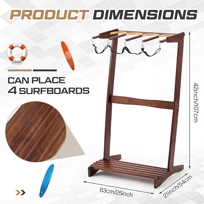 CroBlissful Surfboard Rack Freestanding Vertical Surf Board Stand for 4 Boards Bamboo Display Rack for Shortboard, Snowboard, Skateboard, Ski and Wakeboard