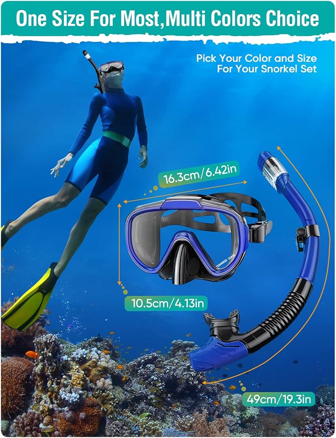 Seovediary Snorkel Set Adults Snorkeling Gear Anti-Fog Panoramic View Swim Mask Dry Top Snorkel Kit with Carry Bag for Snorkeling Scuba Diving Swimming Travel