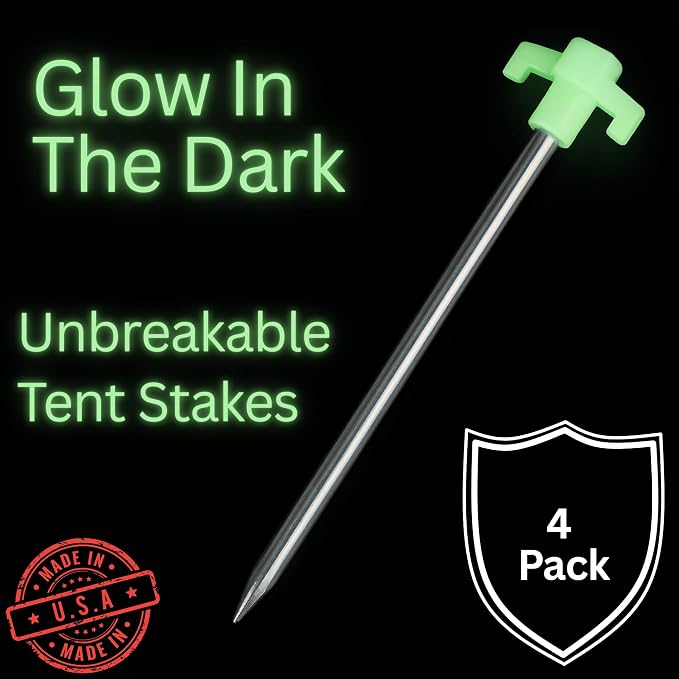 10" Glow in the Dark Tent Stakes - Unbreakable Rebar Stakes, Metal Stakes Heavy Duty, Camping Spikes with High Impact, 5/16" Diameter Corrosive Resistant Ground Anchor, Made in USA Metal Tent Anchors