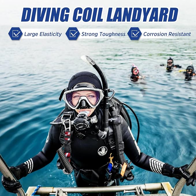 Scuba Retractable Lanyard, Stainless Steel Double-Clips and Spiral Core Anti-Lost Lanyard with Quick-Release Buckle
