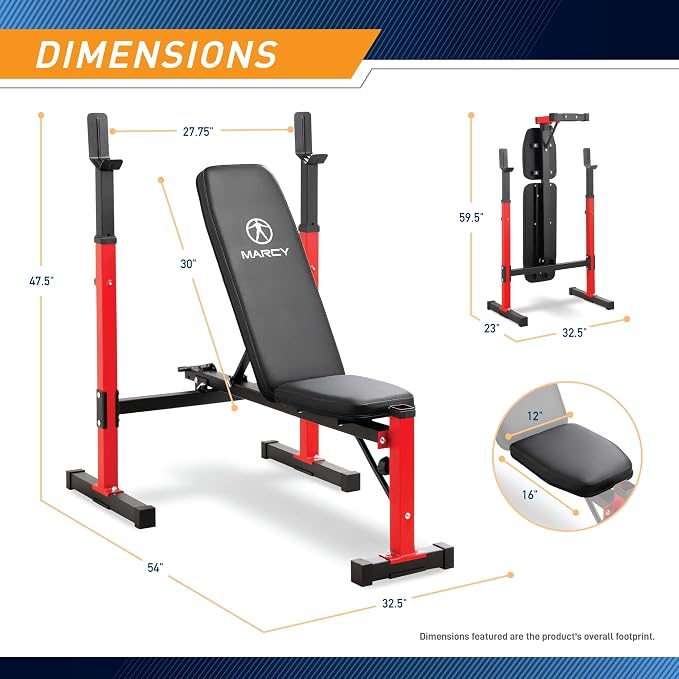 Marcy Deluxe Olympic Weight Bench with Adjustable Back & Bar Catch & Optional Arm Curl, Leg Developer, Lat Tower Attachments (Sold Separately), Personal Home Gym for Strength Training, Weightlifting