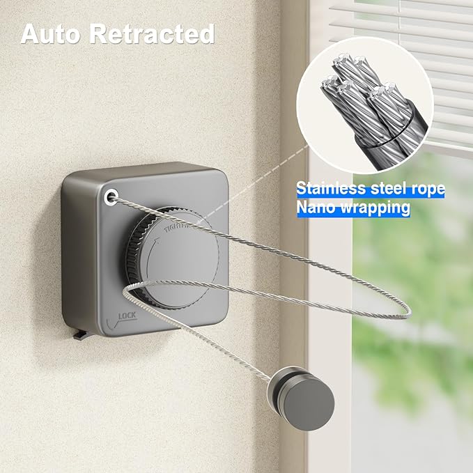 MUSTORN Retractable Clothesline Indoor, Non-Sagging Outdoor Clothes Line Retracting Heavy Duty Clothes Drying Laundry Line Wall Mounted Stainless Steel Line-15.1 Feets(Square-Gray)