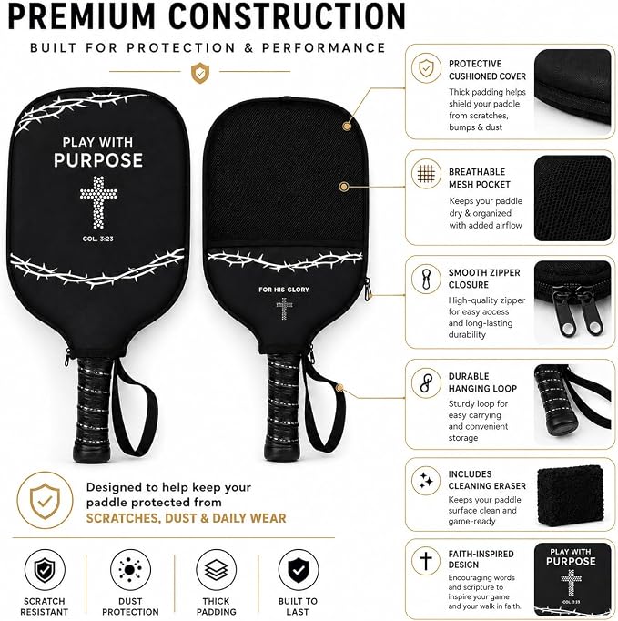Faith-Based Pickleball Paddle Cover with Mesh Pocket & Hook Loop + Pickleball Paddle Cleaning Eraser – Fits Standard & Elongated Paddles