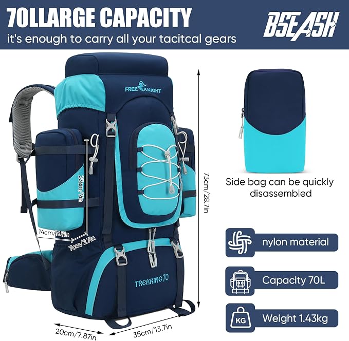 Bseash 70L (65+5) Waterproof Hiking Camping Backpack with Rain Cover, Outdoor Sport Travel Daypack for Climbing Touring (Navy Blue)