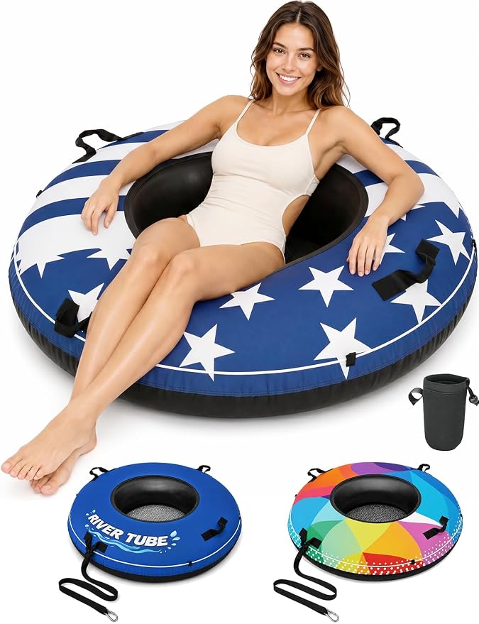 ZEALFEEL River Tube, 48'' Heavy Duty Rubber River Float Tube with Commercial Grade Inner Tube, Premium Canvas Cover, Removable Cup Holder & Tow Strap, Inflatable Tube for Adults Lake Pool Floating