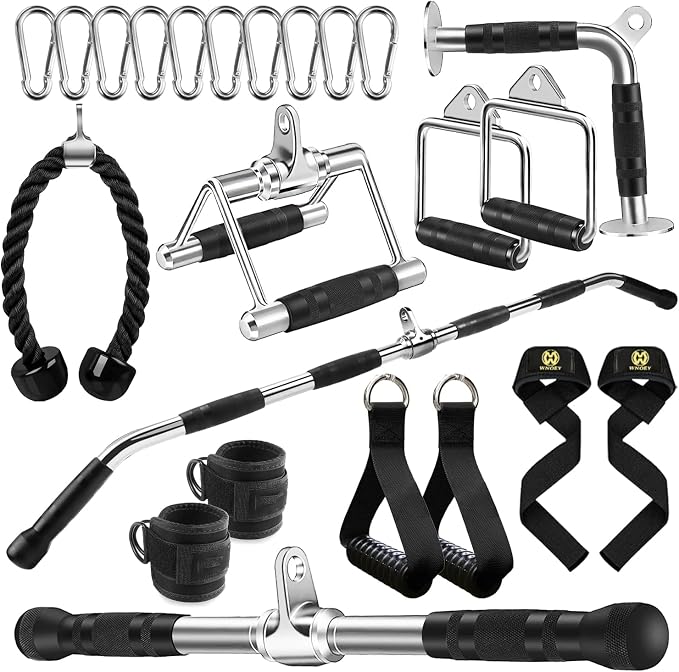 LAT Bar Cable Attachment with Rubber Handgrips, Deluxe Heavy Duty Solid Curl Bar Revolving Hanger Home Gym Cable Attachments