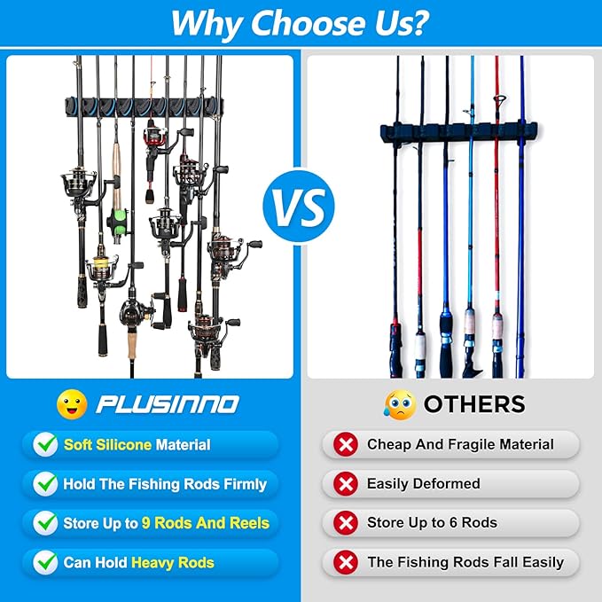PLUSINNO 2 pack Vertical Fishing Rod rack, Wall Mounted Fishing Rod holder, 2 Packs Fishing Pole Holders Hold Up to 18 Rods or Combos, Fishing rod holders for garage, Fishing Gear and Gifts for Men