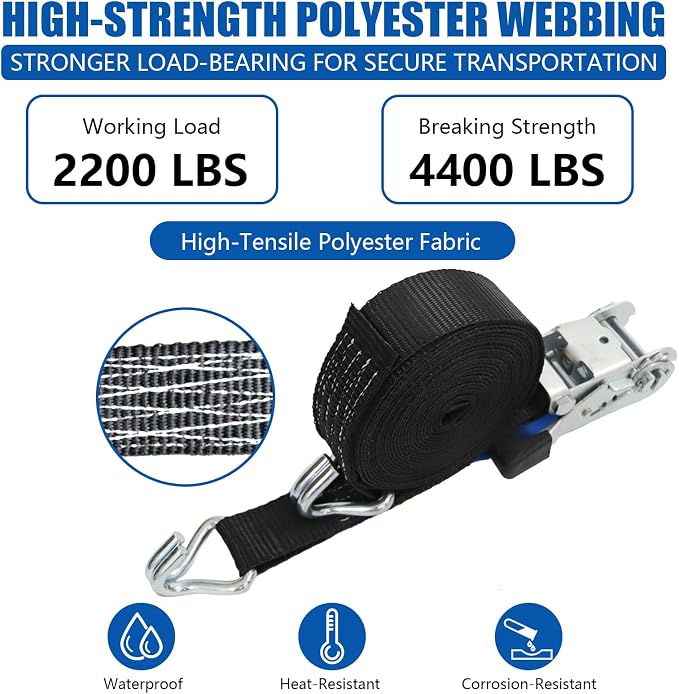 Ratchet Straps Heavy Duty 4Pcs 2.3" x 20ft with 4 Helper Tie Down Ratchet Straps and Storage Bag, Galvanized Zinc Double J Hook for Trailer, Truck, Motorcycle, Cargo Moving - Black
