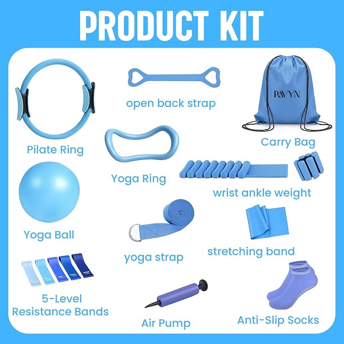 Pilates Kit for Women – 16 Pcs Home Pilates Equipment Set with Magic Circle Ring, Ball, 5 Resistance Bands, Yoga Strap, Ankle Weights, Grip Socks & More | Pilates Starter Kit