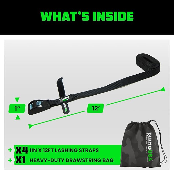 Rhino USA Lashing Straps (4-Pack), Heavy Duty Cam Buckle Tie Down Straps, 1in x 12ft Pull Straps, 1320lb Break Strength, Roof Rack Straps for Kayak, Cooler, Cargo