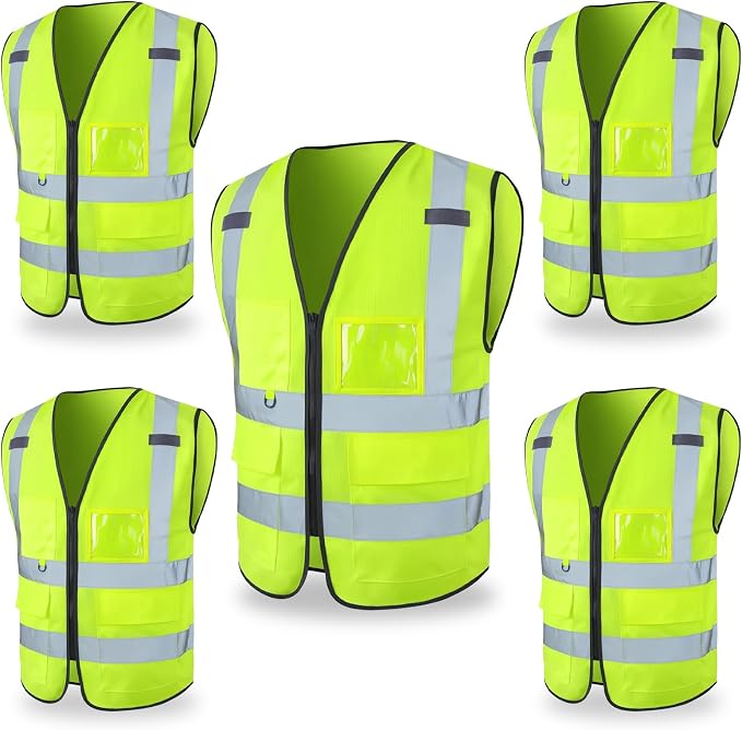 FATONE Hi Vis Safety Vest for Men with Reflective Strips, Class 2 High Visibility Vest with Pockets for Construction, Traffic, Warehouse, Security, Volunteer, 5 Pack Yellow, L