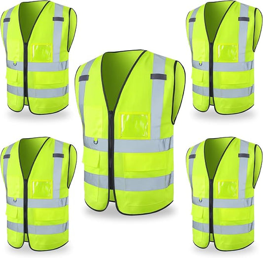 FATONE Hi Vis Safety Vest for Men with Reflective Strips, Class 2 High Visibility Vest with Pockets for Construction, Traffic, Warehouse, Security, Volunteer, 5 Pack Yellow, L