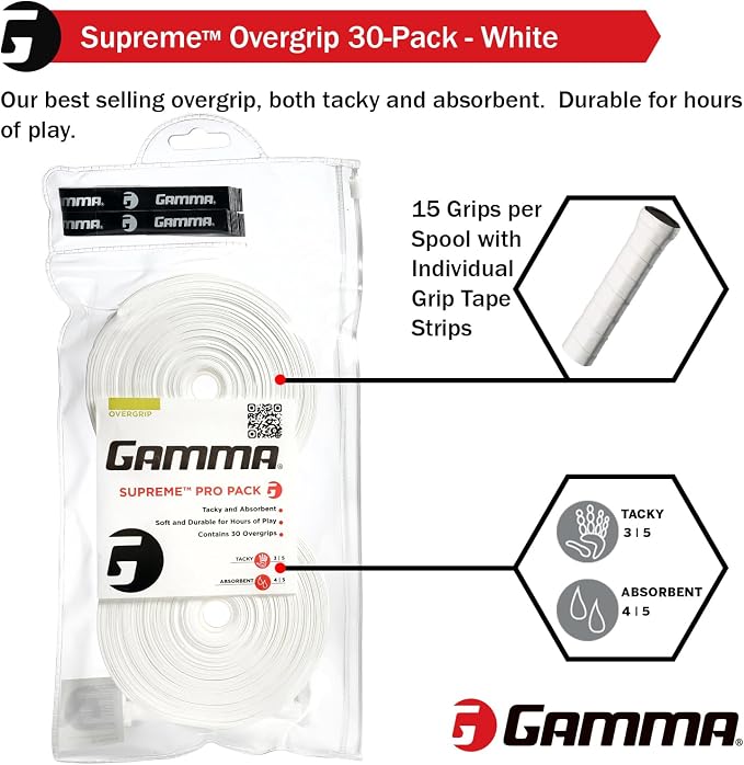 Gamma Sports Supreme Overgrip for Tennis, Pickleball, Squash, Badminton, and Racquetball Racquets, Multiple Pack Sizes and Colors