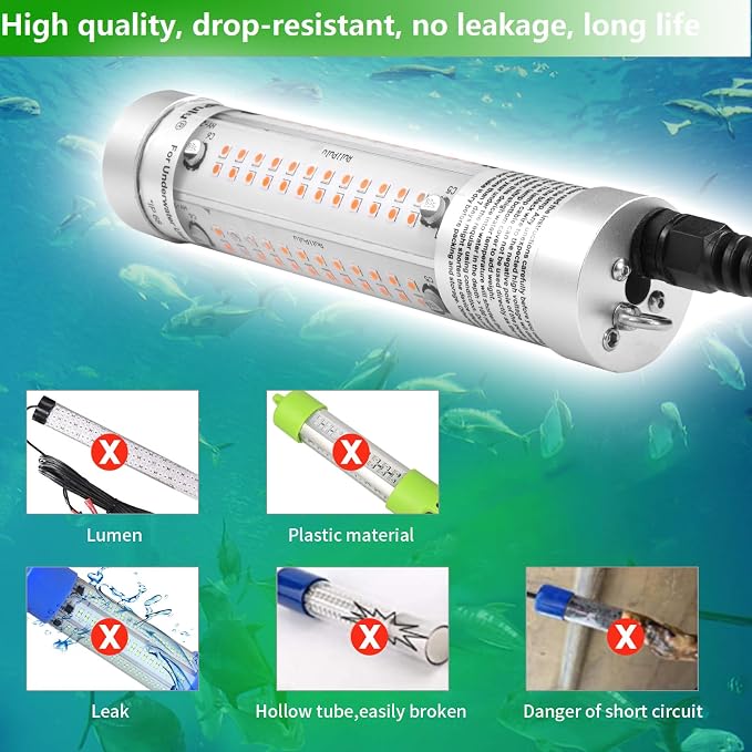 80W 9600lm Underwater Fishing Light, IP68 Waterproof Aluminum Super Bright Night Fish Attracting Submersible LED Lamp Lure Bait Finder for Freshwater Saltwater Sea Kayak Boat Ice Dock (Yellow)