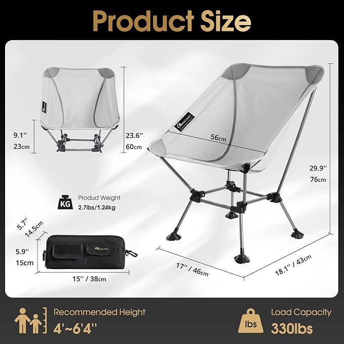 MOON LENCE Camping Chair Plus, Upgraded Comfort & Size, Still Compact and Lightweight, Folding Portable Chair for Backpacking & Hiking, 400Lbs Capacity, Gen 3 Plus (Grey)