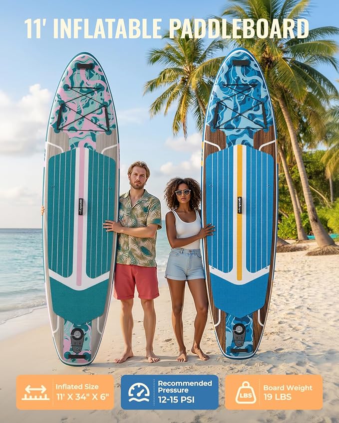 11ft Inflatable Stand Up Paddle Board, Wood Grain Ultra Lightweight SUP, 430lb Capacity for Adults Youth Family, for Fishing Surfing Camping, Includes Backpack & Pump