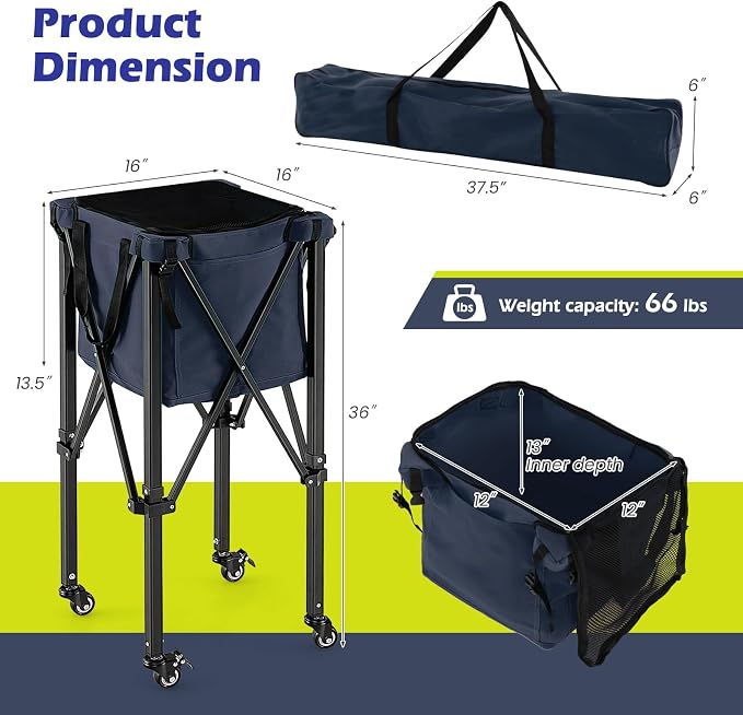 Tennis Ball Hopper Cart with Wheels, Portable Tennis Ball Basket Holds 150 Balls, Collapsible Aluminum Tennis Basket for Balls Pickup, Pro Sports Teaching Cart for Tennis Pickleball Baseball