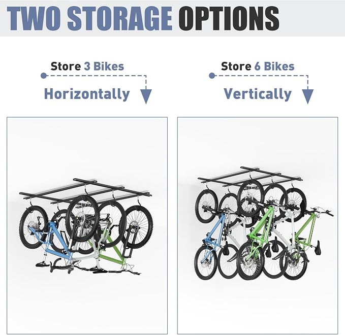 WALMANN Garage Ceiling Bike Rack, Adjustable Overhead Bicycle Storage System – Stores 3 Bikes Horizontally or 6 Bikes Vertically, Ceiling-Mount Bike Hanger for Road & Mountain Bikes
