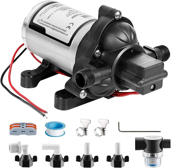 WASSERMANN RV Water Pump 12V DC 2088-554-144 Replacement, 3.5 GPM 45PSI, Quiet Water Pump for RV, Camper, Self-priming RV Water Pressure Pump, Food Truck Travel Trailer RV Water Pumps with Acessories