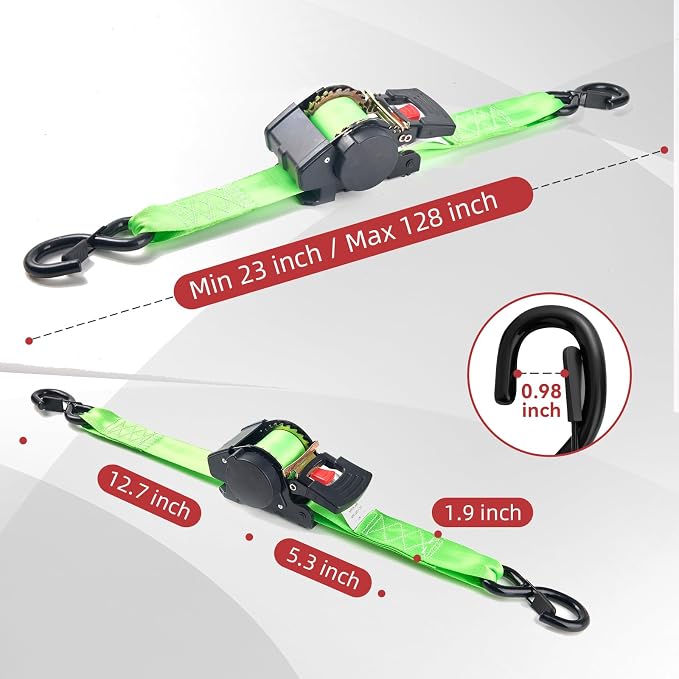 Auto Retractable Ratchet Tie-Down Straps 4500 lbs, 2in × 10ft Self-Retracting Ratchet Straps, Heavy Duty S-Hooks, for Cargo, Trucks & Trailers, Green, 2 Pack, Damped Rewind