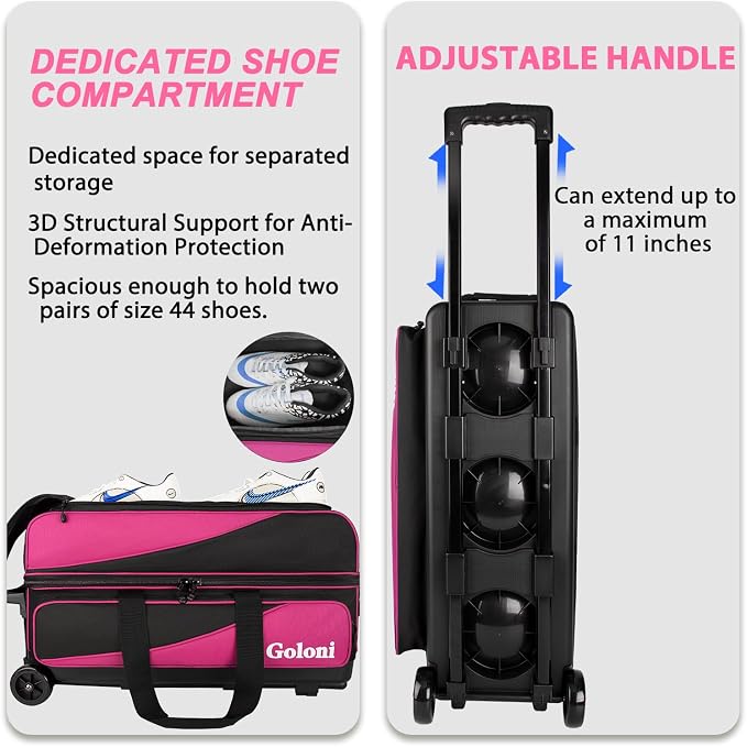 Goloni 3 Ball Bowling Bag with Wheels, Rolling Bowling Roller Bag with Retractable Handle for Balls & Bowling Accessories