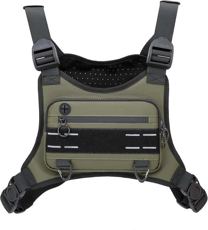 Muserise Sports Chest Bag For Men Women, Water Resistant Lightweight Front Chest Pack, Running Vest Bag With Built-In Phone Holder & Extra Storage For Workouts, Running, Cycling (Olive)