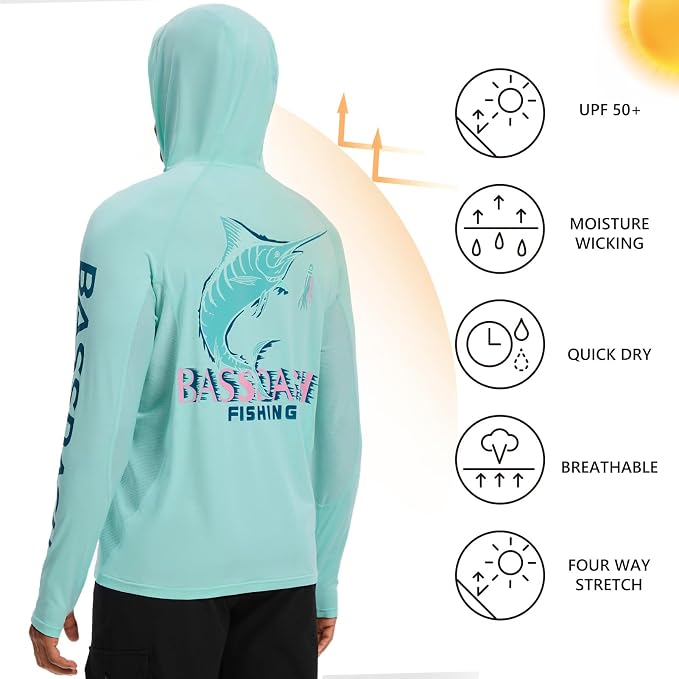BASSDASH Men’s UPF 50+ Graphic Fishing Hoodie Shirts with Mask Pocket UV Long Sleeve Moisture Wicking FS47M