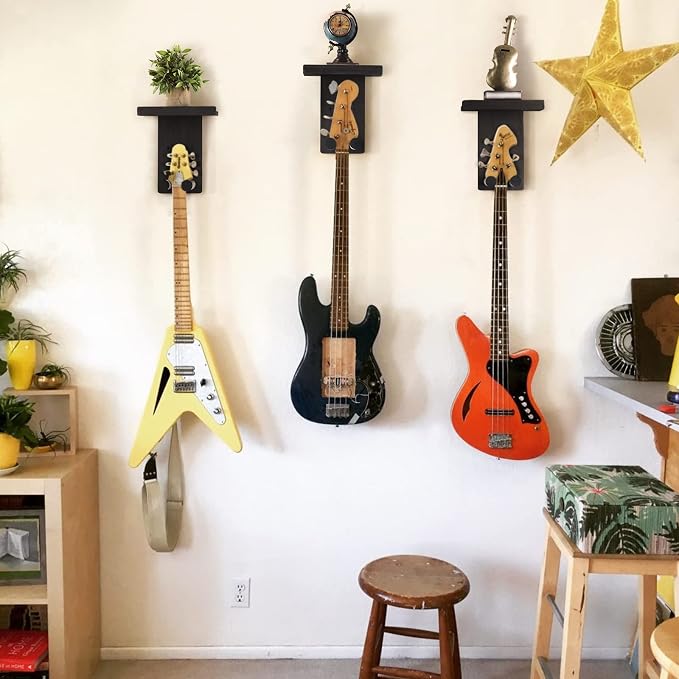 Keebofly Guitar Wall Mount 3-Pack - Rustic Wood Guitar Hanger with Pick Holder for Acoustic, Electric, Bass Guitars & Ukulele (Matte Black, Screw-Mounted) [Patented]