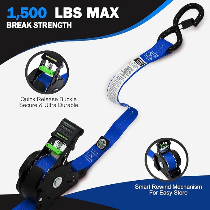 STARLEAPARTS Retractable Ratchet Straps(2PK 1.0INX12FT) - 1,500lb Break Strength, Ratchet Strap Heavy Duty with Rubber Coated Handle, Perfect Auto Ratchet Straps for Motorcycle, Kayak and Trucks