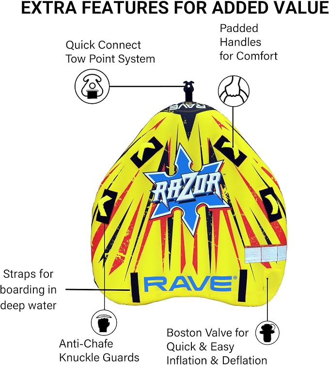RAVE Sports Razor Inflatable Towable Tube, 1-2 Riders, Unique Skim-Fast Bottom Coating, Nylon Cover, Four Foam-Filled Reinforced Handles, Quick Connect Tow Point, Boat Tubes and Towables