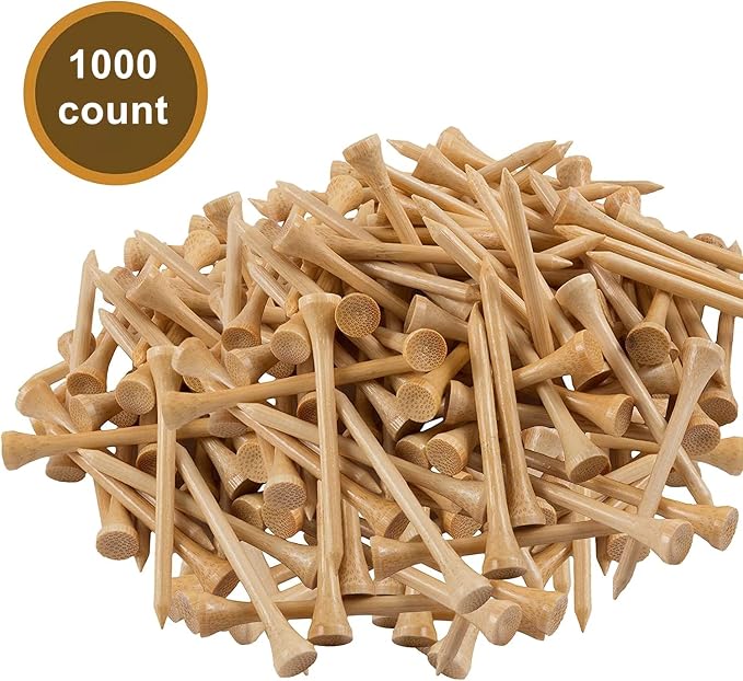 1000 Pcs Per Pack Natural Bamboo Golf Tees. 2.75 Inch (7cm) Length Stronger Than Wood No Side Spin Friction. PGA Approved for Professional Player's Tournament or Beginner's Trainning.
