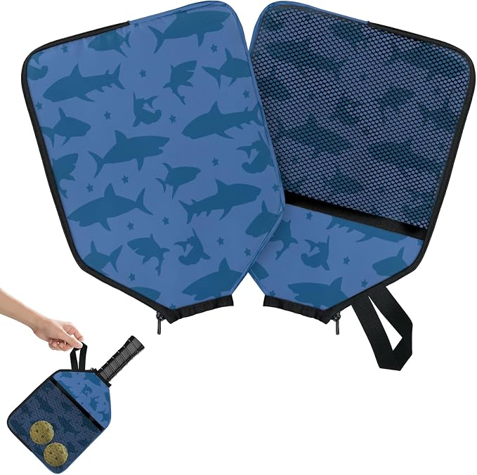 Polka Dot Shark Silhouette Blue Universal Pickleball Paddle Cover 12.4 × 9.45 inch Racket Sleeve with Handle Strap Mesh Pocket Fits USAPA Standard Widebody Paddles 2 PCS