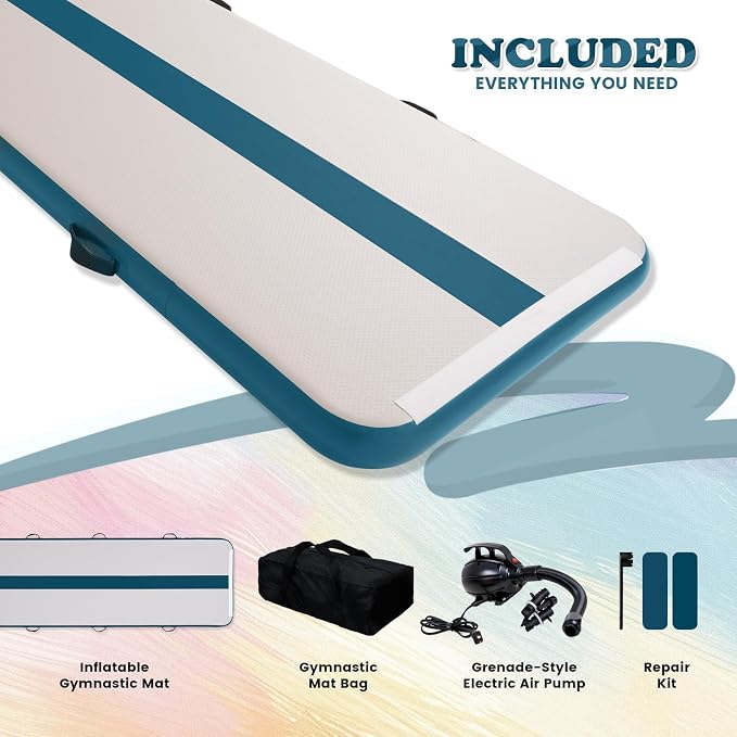 Tuxedo Sailor Inflatable Gymnastics Mat with Electric Pump, Storage Bag, Repair Kit–Air Mat for Home Training, Cheerleading, Yoga