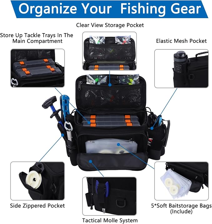 Fishing Tackle Bags with Tackle Box,Waterproof,Padded Shoulder Strap,Gear Storage,Fish Bag with 136 Pcs Fishing Lures Kit,Fish Hook Remover Tool,Fish Lip Gripper,Fishing Plier,Gifts for Men (Black)
