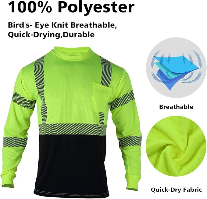 VENDACE 3 Pcs Safety T Shirts Reflective High Visibility Hi Vis Long Sleeve Construction Work Shirts for Men (Yellow,XL)