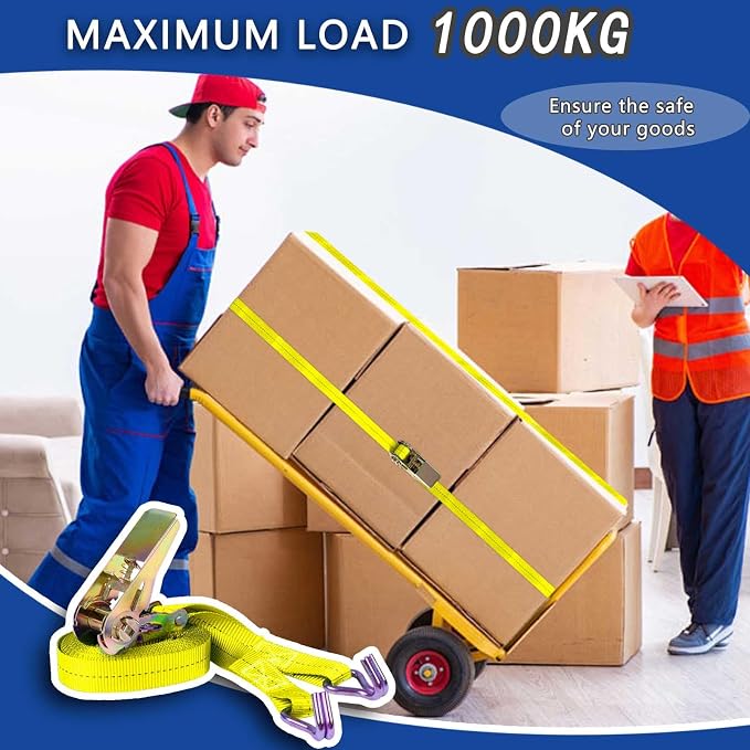 Ratchet Straps (4-Pack), 1 Inch x 16.4 Feet (2200lb Break Strength) with Sturdy Metal Hooks, 1x Work Gloves, Heavy Duty Tie Down Straps for Truck, Cargo Trailer, Motorcycle, Luggage, Moving (Yellow)