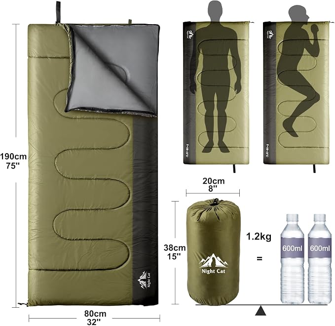Night Cat Camping Sleeping Bag with Self-Inflating Sleeping Pad for Adults 3 Seasons Portable Lightweight Backpacking Hiking Traveling Indoor Outdoor Temperature 5-15℃ 2.6x6.3ft Switch to a Quilt or B