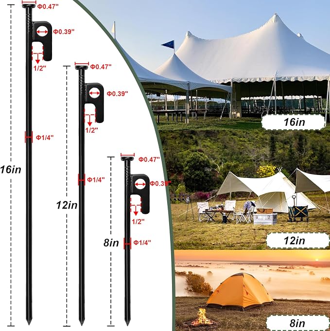 32Pcs Tent Stakes, 16in Heavy Duty Tent Stakes with Storage Pouch, Forged Steel Tent Sakes Metal, Metal Stakes for Tent Used on Grassland, Snowfield, Dessert(32Pcs, 16in, Diameter 1/4")