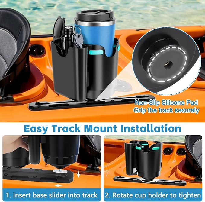 2-in-1 Kayak Cup Holder, Upgraded Anti-Tipping Drink & Phone Holder with 4 Built-in Silicone Pad, Kayak Rail Track Mount Install, Kayaks Boats Fishing Accessories (Black)