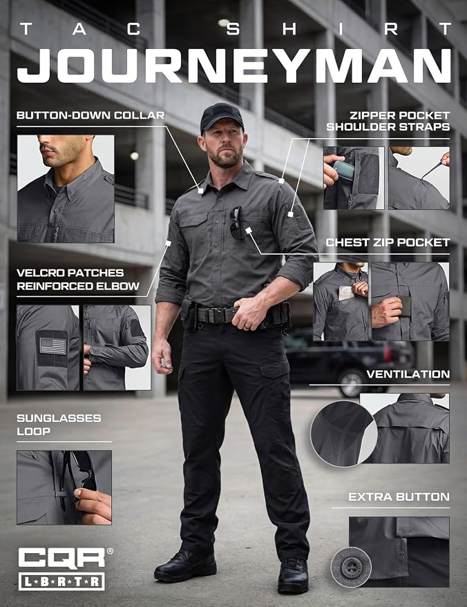 CQR Men's Long Sleeve Tactical Shirts, Ripstop Military Work Shirts, UPF 50+ Breathable Button Down Outdoor Hiking Shirt