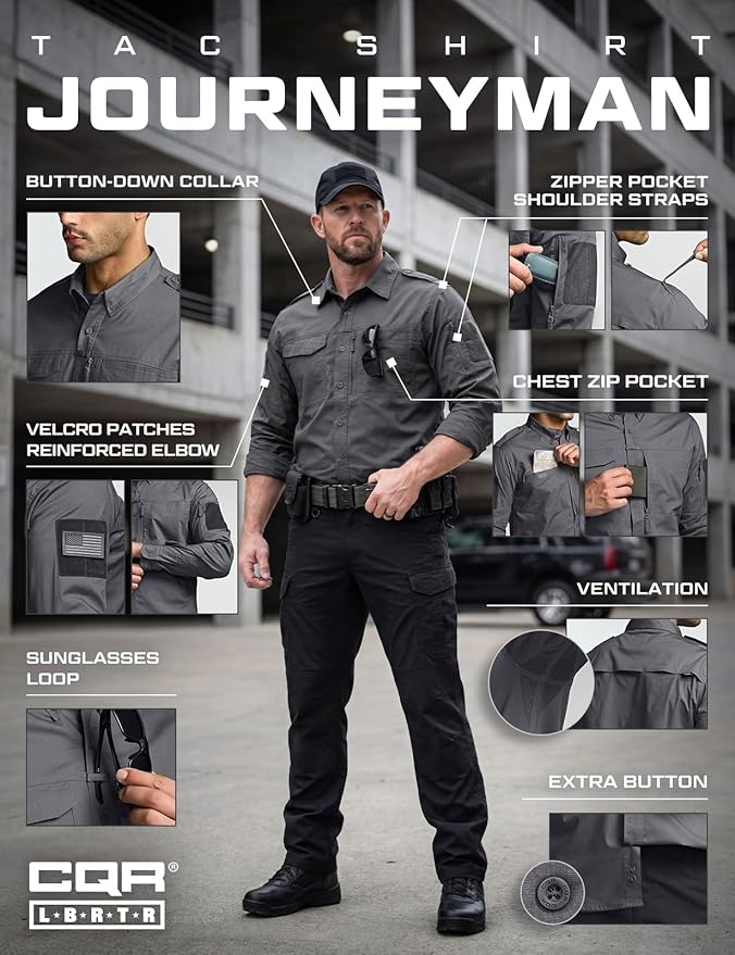 CQR Men's Long Sleeve Tactical Shirts, Ripstop Military Work Shirts, UPF 50+ Breathable Button Down Outdoor Hiking Shirt