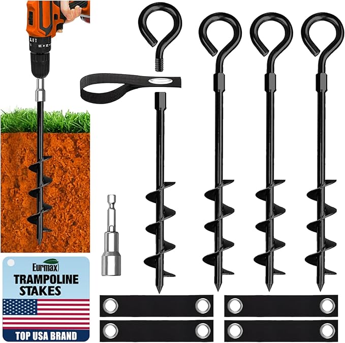 Eurmax USA 4 Pack Heavy Duty Ground Stakes&Anchors,Commercial Spiral Screw-in Trampoline Stakes with Reinforced Tie-Down Straps,High Wind Stabilizing Kit for Canopies,Outdoor Sheds,Swing Sets(Black)