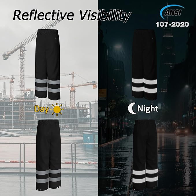 Rain Pants, High Visibility Safety Coat, Hi Vis Waterproof Work Pants, Lightweight Rain Gear for Outdoor Activities, Men Women, Black P, XXL-3XL