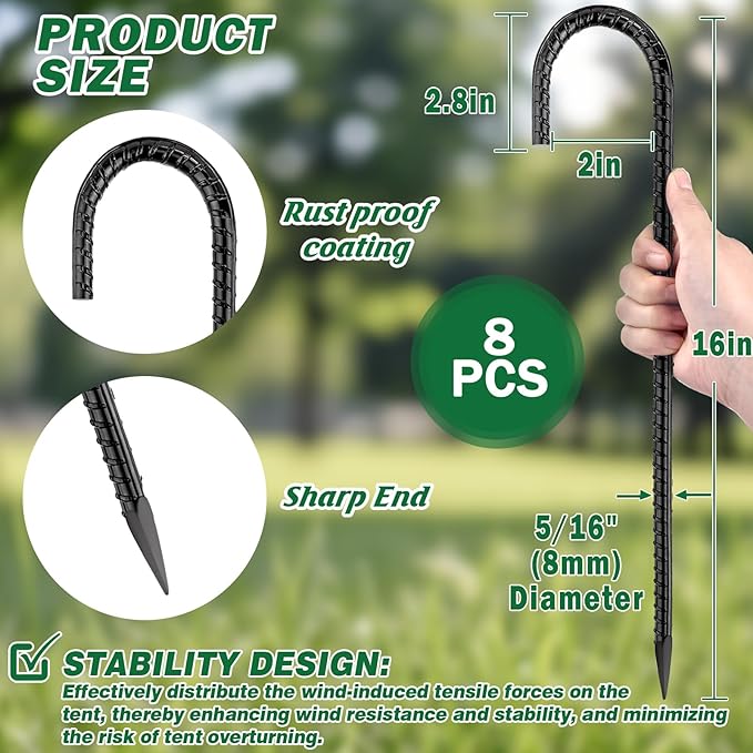 16 Inch Ground Stakes Heavy Duty, 8 Pack Metal Fence Stakes for Ground for Wire Fencing,Heavy Duty Long Tent Stakes for Trampolines Camping Canopies and Swing Set