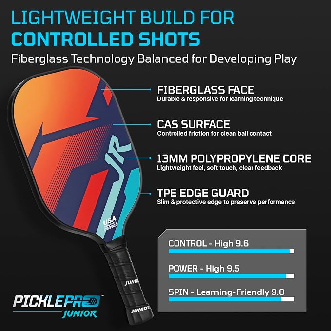 PicklePro Pickleball Paddles with Cover – Lightweight Fiberglass Pickleball Paddle for Kids, Youth & Beginners, Cushioned Grip, 13mm Honeycomb Core, Indoor & Outdoor Racket, USAP Approved
