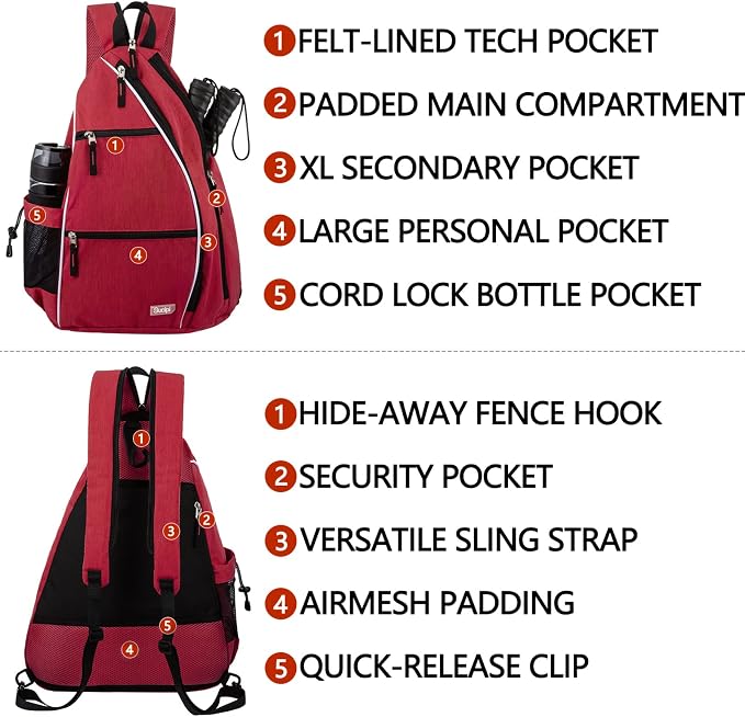 Sucipi Pickleball Bag - Men's & Women's Pickleball Backpack, Adjustable Sling Bag w/Fence Hook/Large Capacity/Safety Pocket